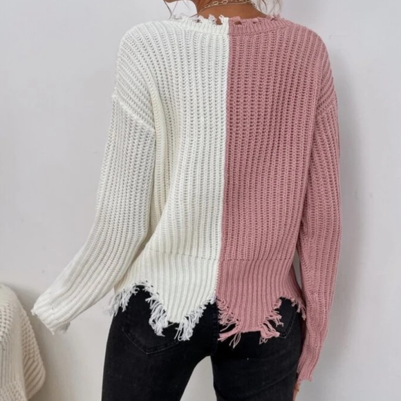 Color block distressed hem v neck sweater - Picture 2 of 11
